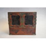 A 19th century Chinese metal bound and parquetry table top jewellery cabinet with hand decorated