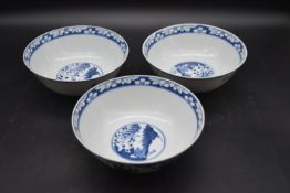 Three Ching dynasty Chinese blue and white porcelain bowls. Decorated with figures and temple
