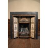 A late 19th century cast iron fire surround with ornate metalwork and foliate ceramic tile design.