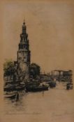 A framed and glazed print, 'Montelbaastoren A'dam', signed by George Kiers (1839-1916) H.23 W.18cm