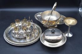 A collection of early 20th century silver plate. To include a six seating caviar set, a two tier