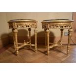 A pair of Louis XVI style lamp tables with inset marble tops on carved gilt wood bases. H.52 W.50cm