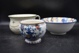 A Royal Doulton chamber pot along with two hand painted ceramic dishes with 'Made in