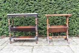 A mid century walnut occasional table fitted with book trough along with an oak example. H.67 W.66