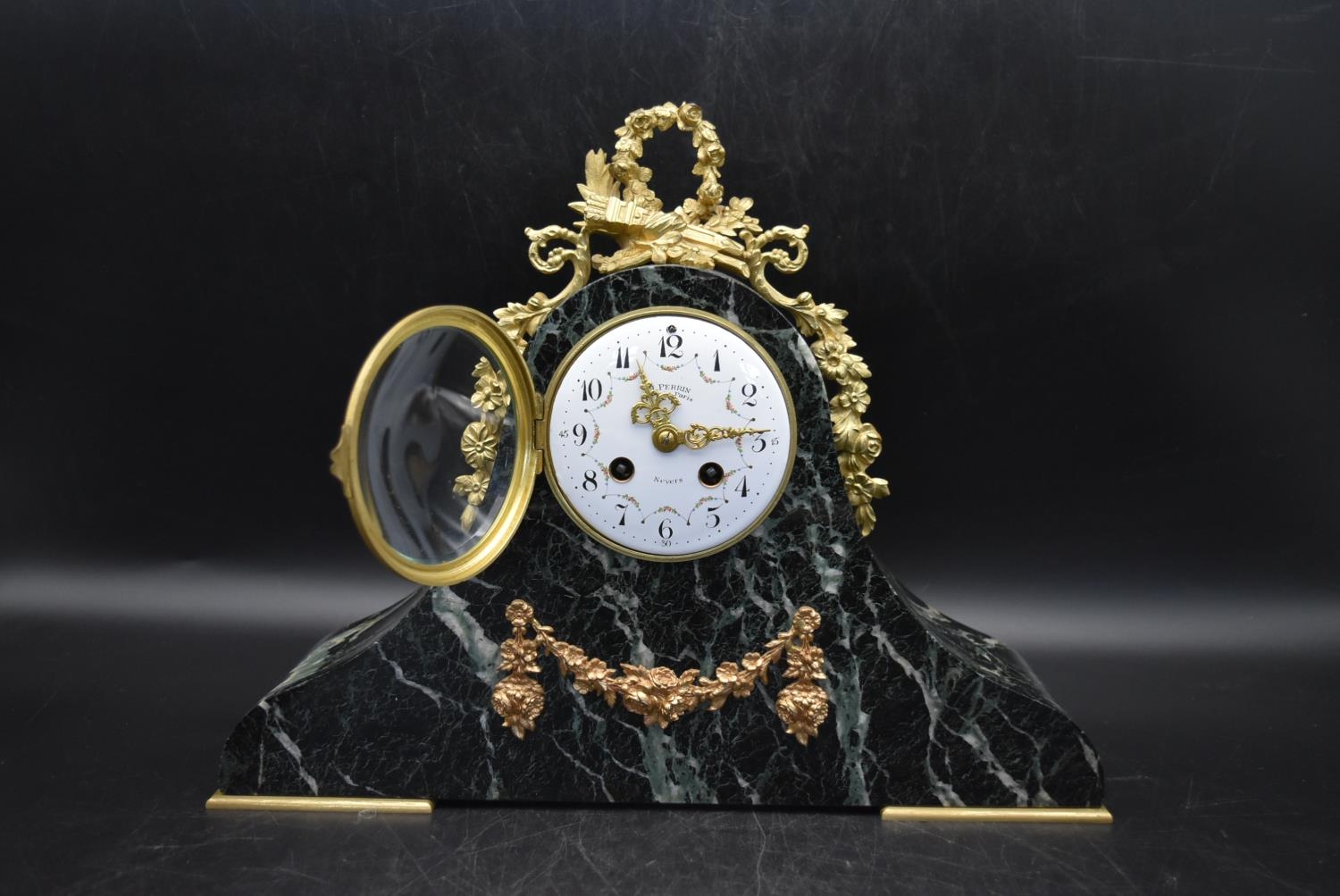 H. Perrin - A 19th century French garniture marble mantel clock and tazza form side pieces, - Image 7 of 15