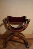 A 19th century Spanish X frame walnut folding throne chair with boxwood, ebony and bone Damascus