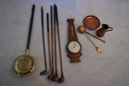 An oak cased wheel barometer, a brass bed warmer, various items of copper and miscellaneous