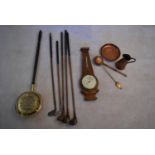 An oak cased wheel barometer, a brass bed warmer, various items of copper and miscellaneous