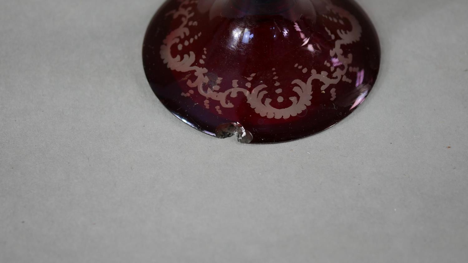 Two early 20th century Bohemian ruby cut to clear glass engraved goblets. One decorated with - Image 4 of 6