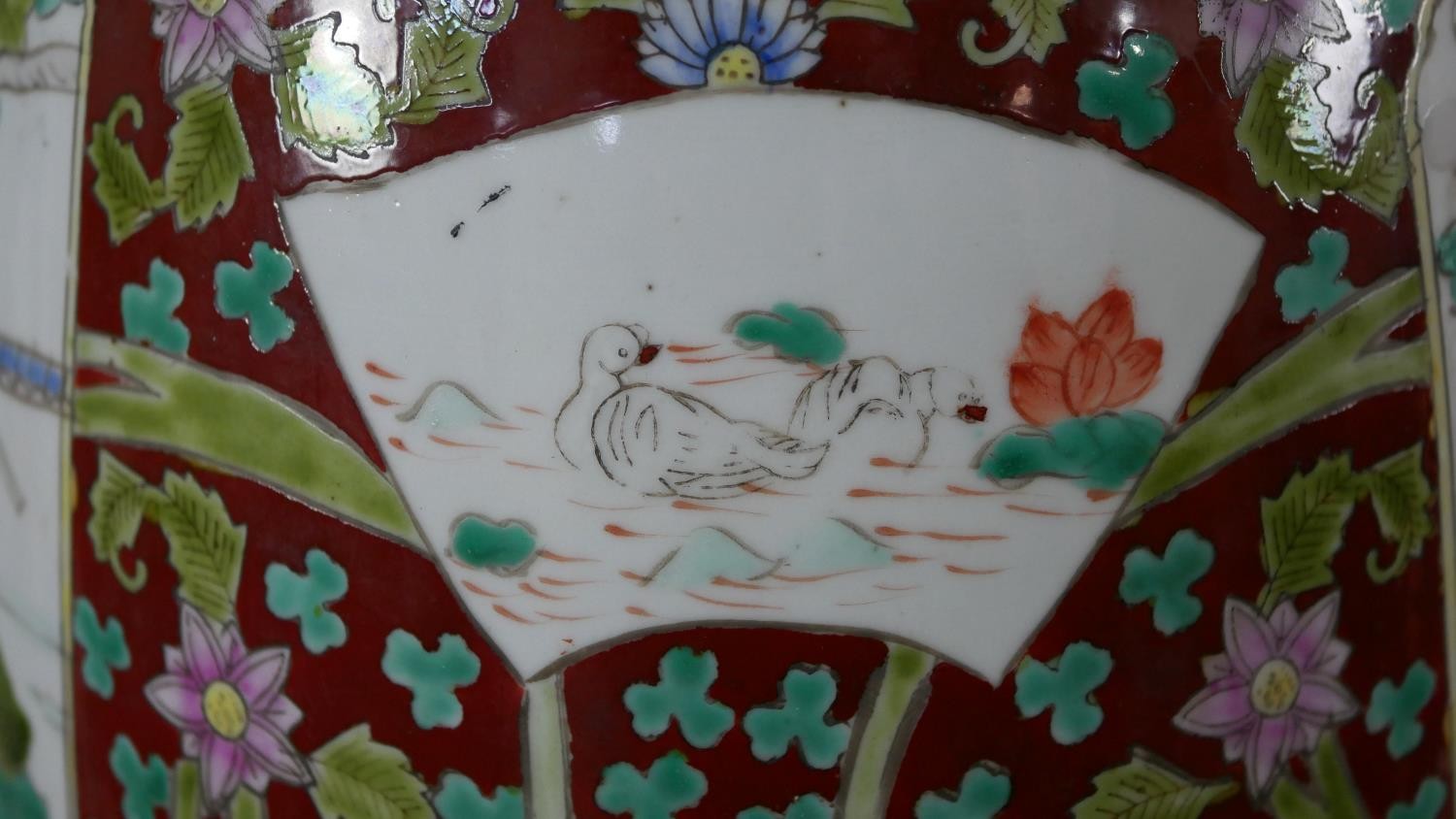 A large 19th century Chinese porcelain hand painted twin handled vase on carved harwood stand. The - Image 5 of 9