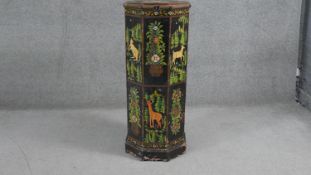 An Eastern teak painted lidded storage box with animal and floral decoration. H.92 W.38 D.38cm