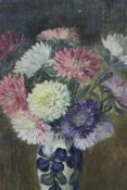 A 20th century gilt framed oil on board, still life of a vase of chrysanthemums. Signed S. Beck,