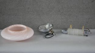 Three vintage lights. Including a pale pink glass shade, a chrome Lucas Ft/LR14 beam car lamp and