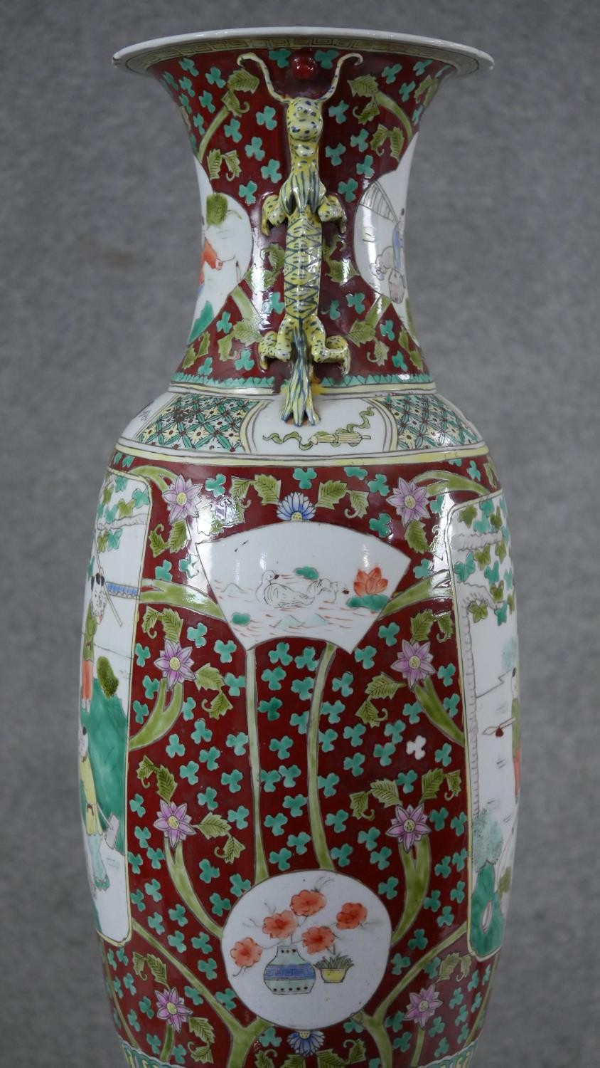 A large 19th century Chinese porcelain hand painted twin handled vase on carved harwood stand. The - Image 4 of 9