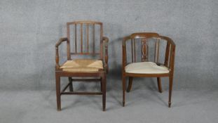 A 19th century elm stick back armchair with drop in rush seat along with an Edwardian mahogany tub