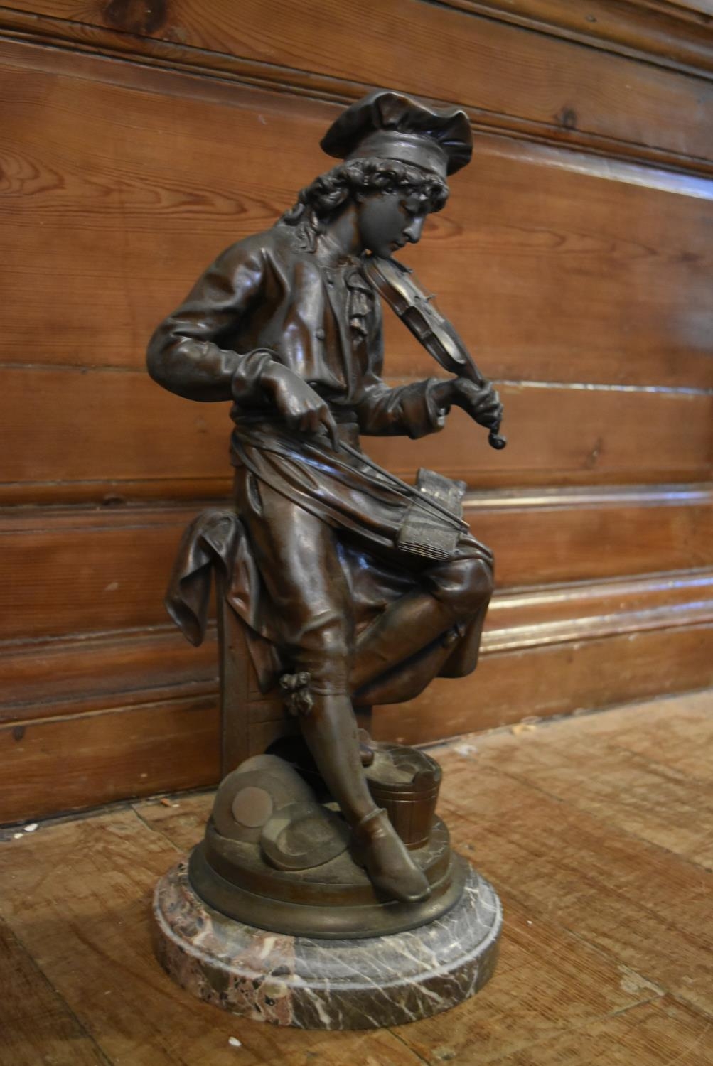 Henry Etienne Dumaige (1830-1888) A patinated bronze figure of a boy playing the violin. Mounted - Image 2 of 7