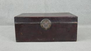 A Chinese leather wedding box with fabric interior and brass fittings. H.36t W.76 D.48cm