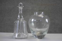 A large clear Art Glass vase and Georgian ribbed bell shaped blown glass decanter, non original