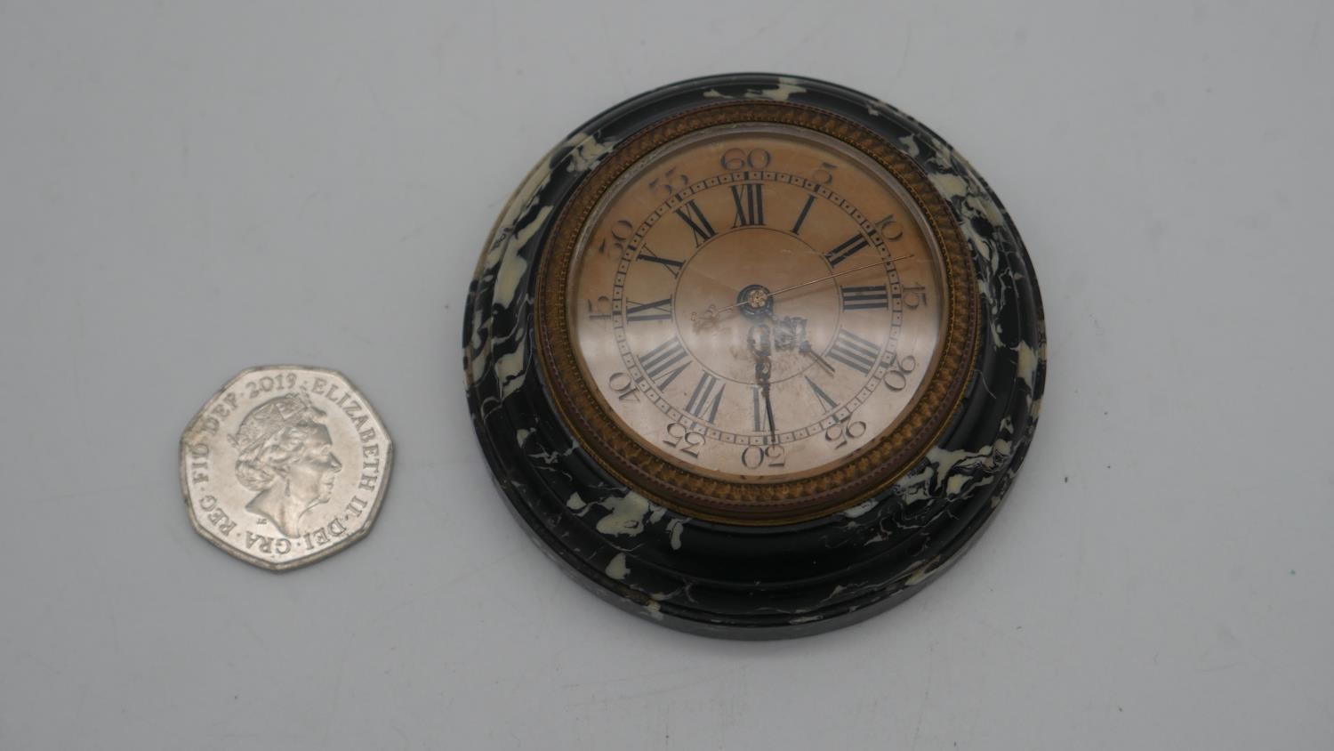 A leather cased 19th century black and white marble and gilt bronze circular travel clock by - Image 4 of 6