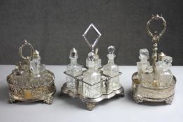 Three Victorian silver plated and cut glass cruet sets. One with a figural design and two with