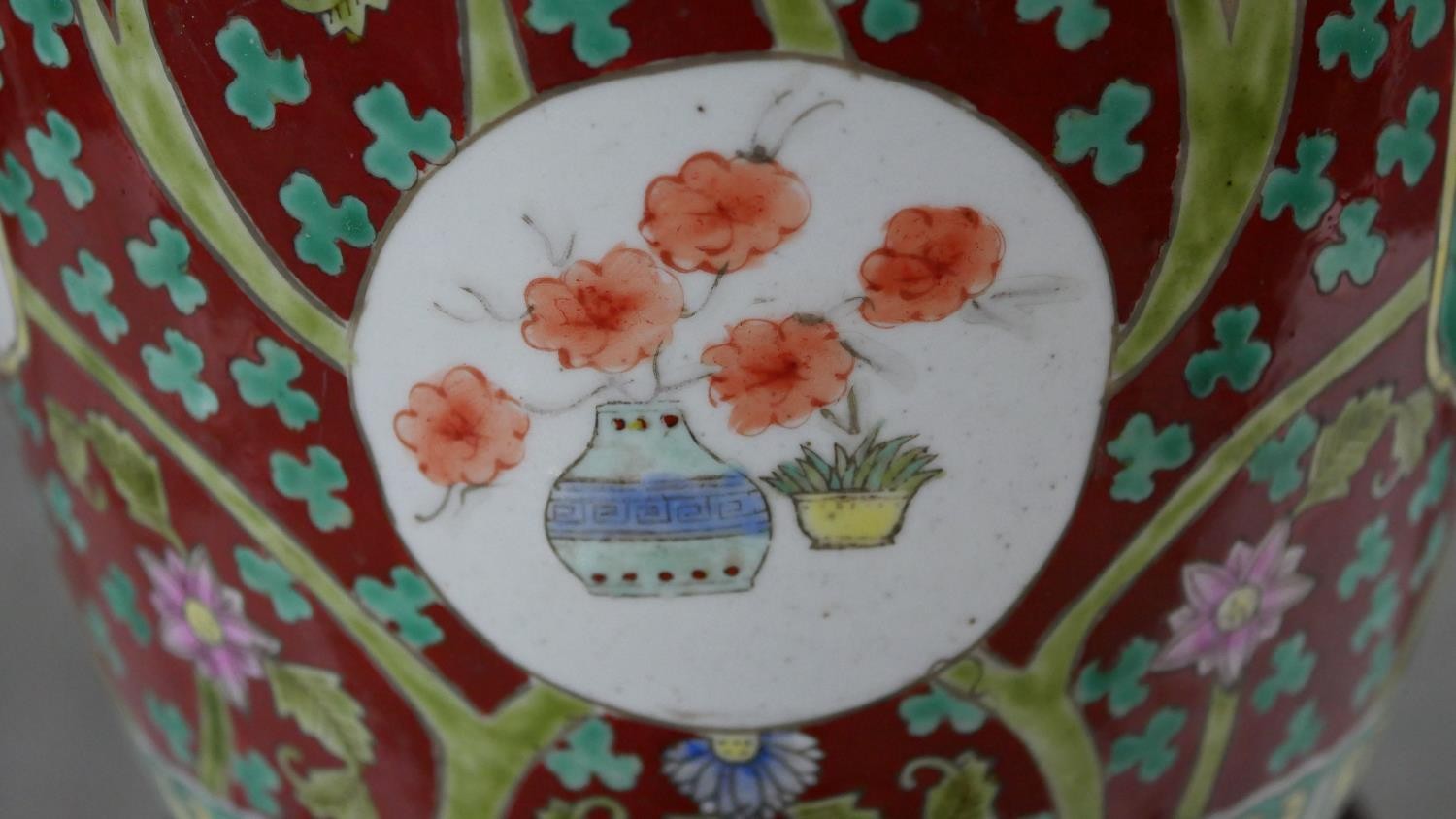 A large 19th century Chinese porcelain hand painted twin handled vase on carved harwood stand. The - Image 6 of 9