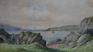 A framed and glazed 19th century watercolour landscape of a seascape with figures, indistinctly