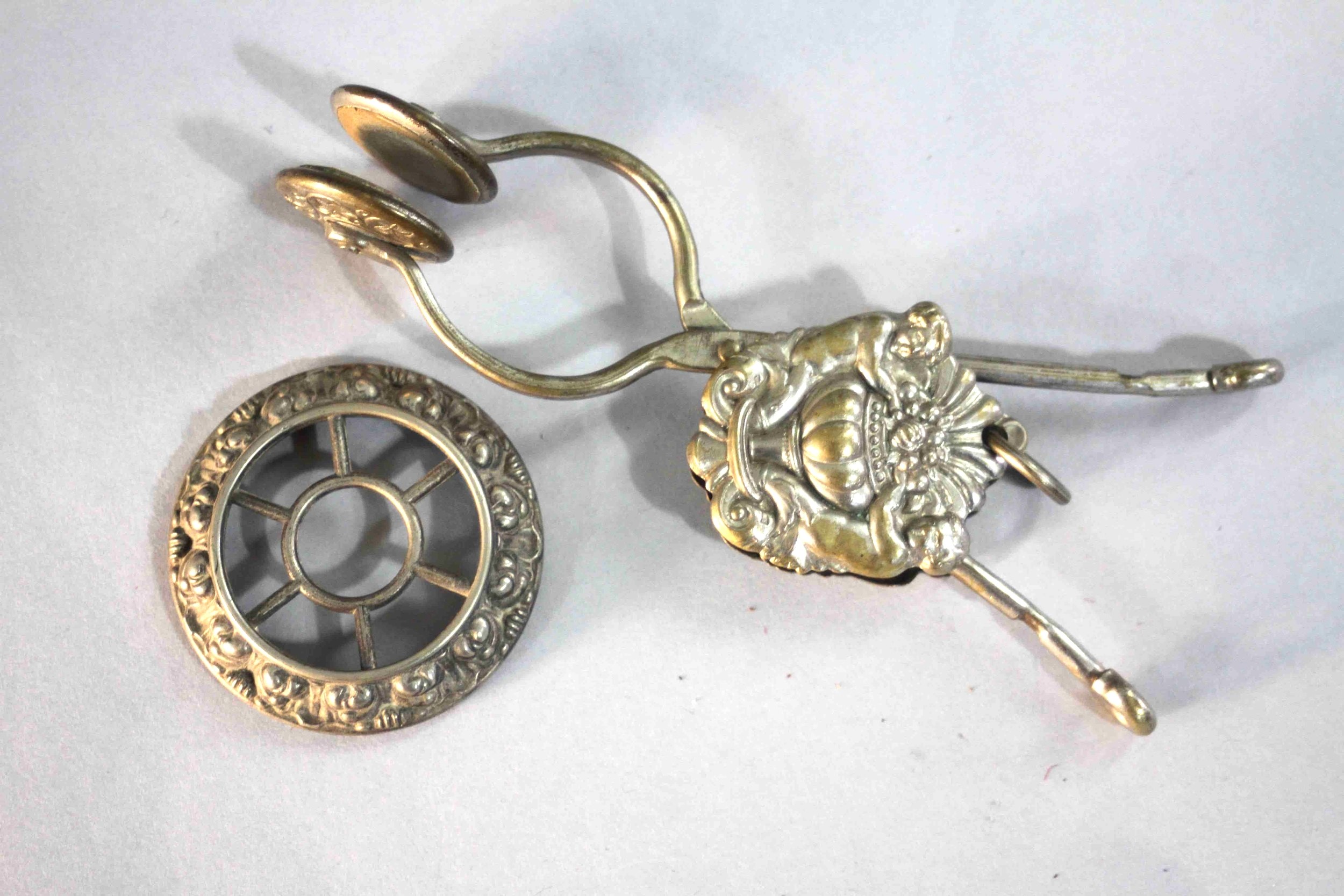 A Victorian silver plated skirt lifter with an urn and fruit design along with a Danish silver - Image 3 of 10