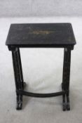 Two C.1900 graduating ebonised and Chinoiserie lacquered occasional tables. H. 70 W. 50 D.31. cm.