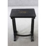 Two C.1900 graduating ebonised and Chinoiserie lacquered occasional tables. H. 70 W. 50 D.31. cm.