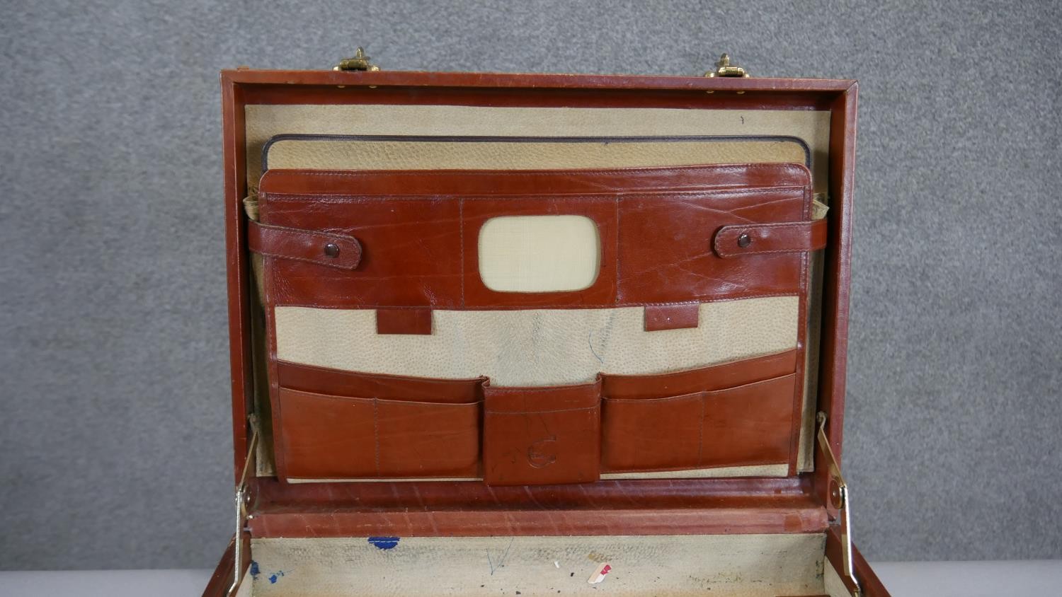 A vintage tan leather brief case with multi partitioned ostrich skin interior and brass hardware. - Image 5 of 6