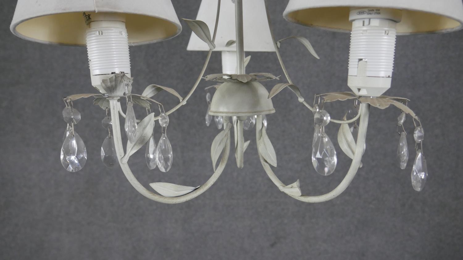 A pair of toleware foliate design three branch chandeliers with crystal drops. H.40 W.42cm - Image 3 of 4