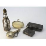 A collection of white metal and silver plate items. Including a white metal relief scene snuff box