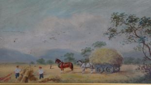 A 19th century framed oil on board of a harvest scene. Signed Williams, 1890. H.25 W.42cm