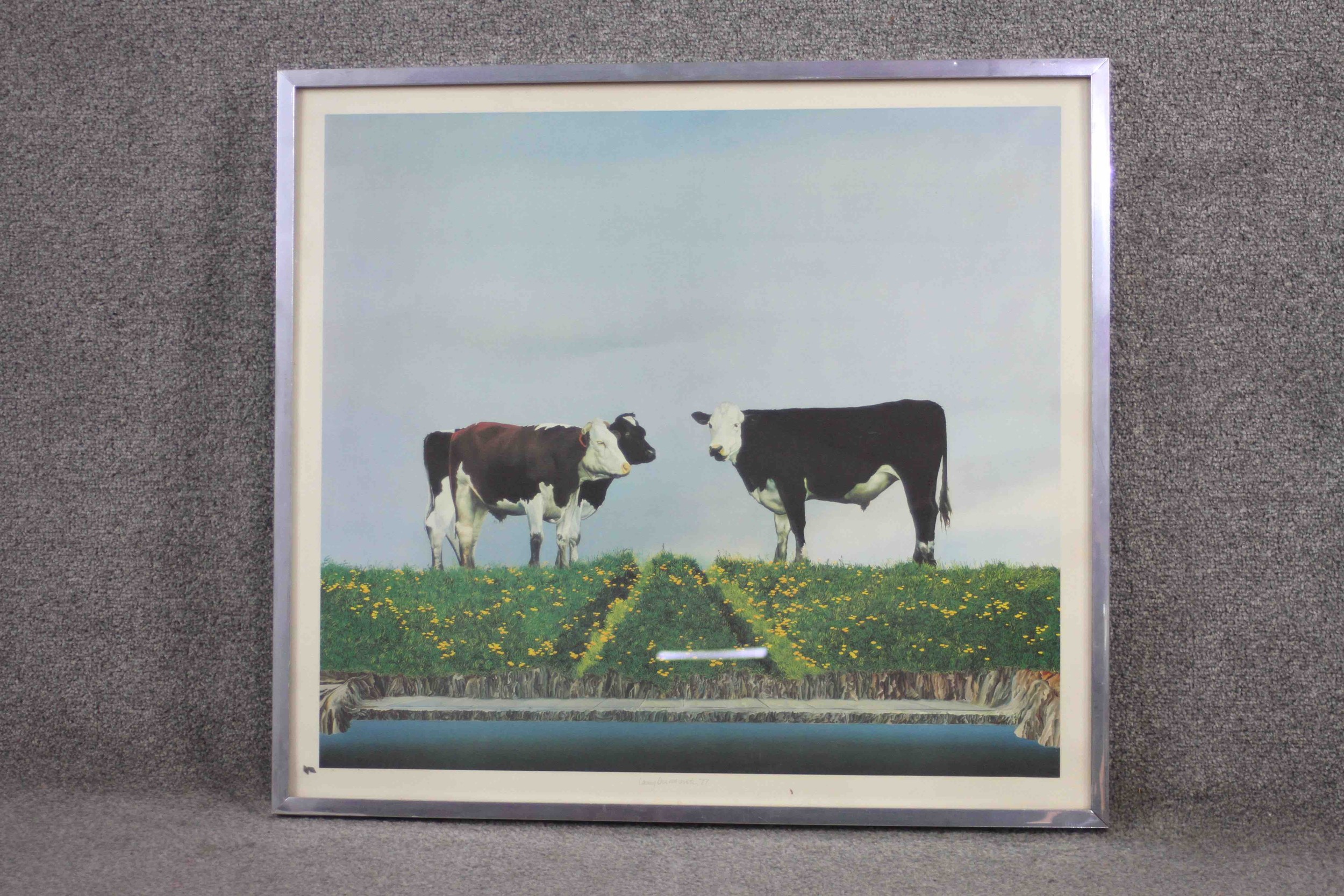 A framed and glazed signed print of cows Signed Larry Learmonth, dated 77. H.52 W.59 cm - Image 2 of 3