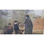 A 19th century oil on canvas of an elderly apple seller surrounded by children. Unsigned. H.113 W.