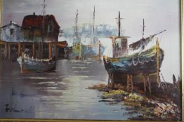 A gilt framed oil on canvas of a harbour scene. Signed Gehmond. H.44 X W.54cm.