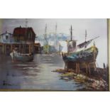 A gilt framed oil on canvas of a harbour scene. Signed Gehmond. H.44 X W.54cm.