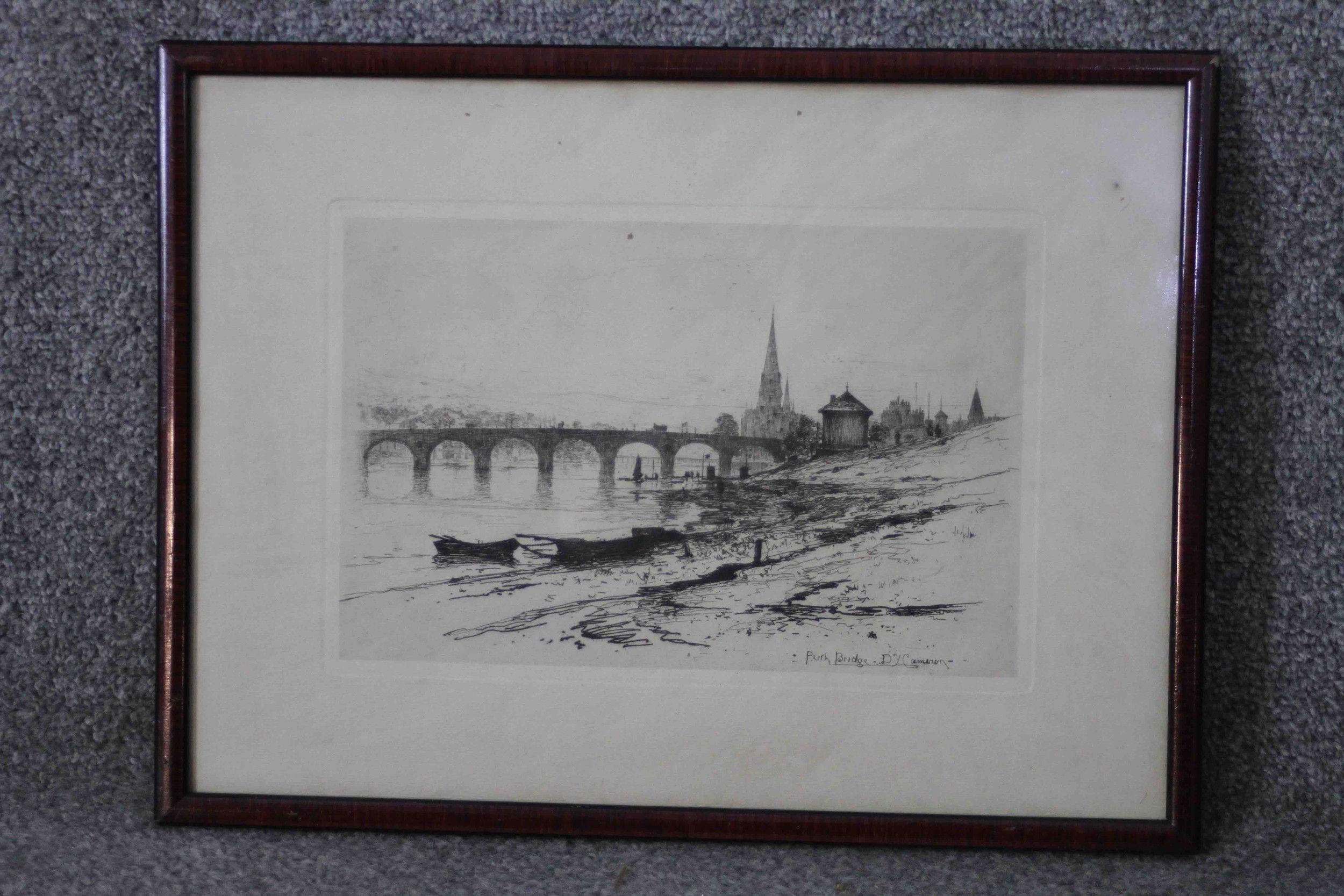 David Young Cameron (1865 - 1945) - A framed and glazed etching of Perth Bridge. Signed in plate. - Image 2 of 5