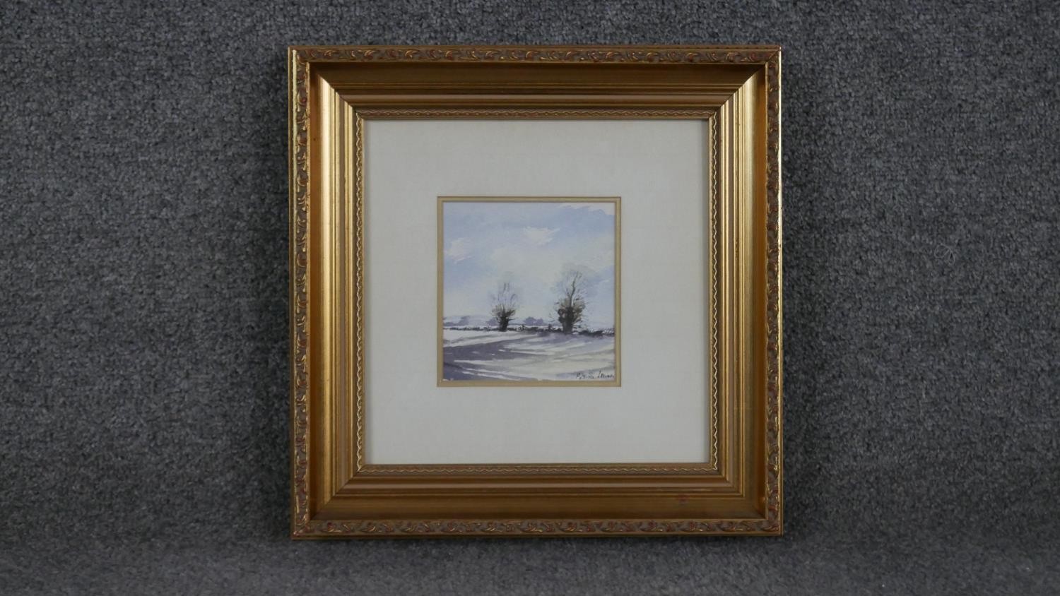 A framed and glazed watercolour on paper of a snowy landscape. Indistinctly signed. H.34 W.34cm - Image 2 of 4