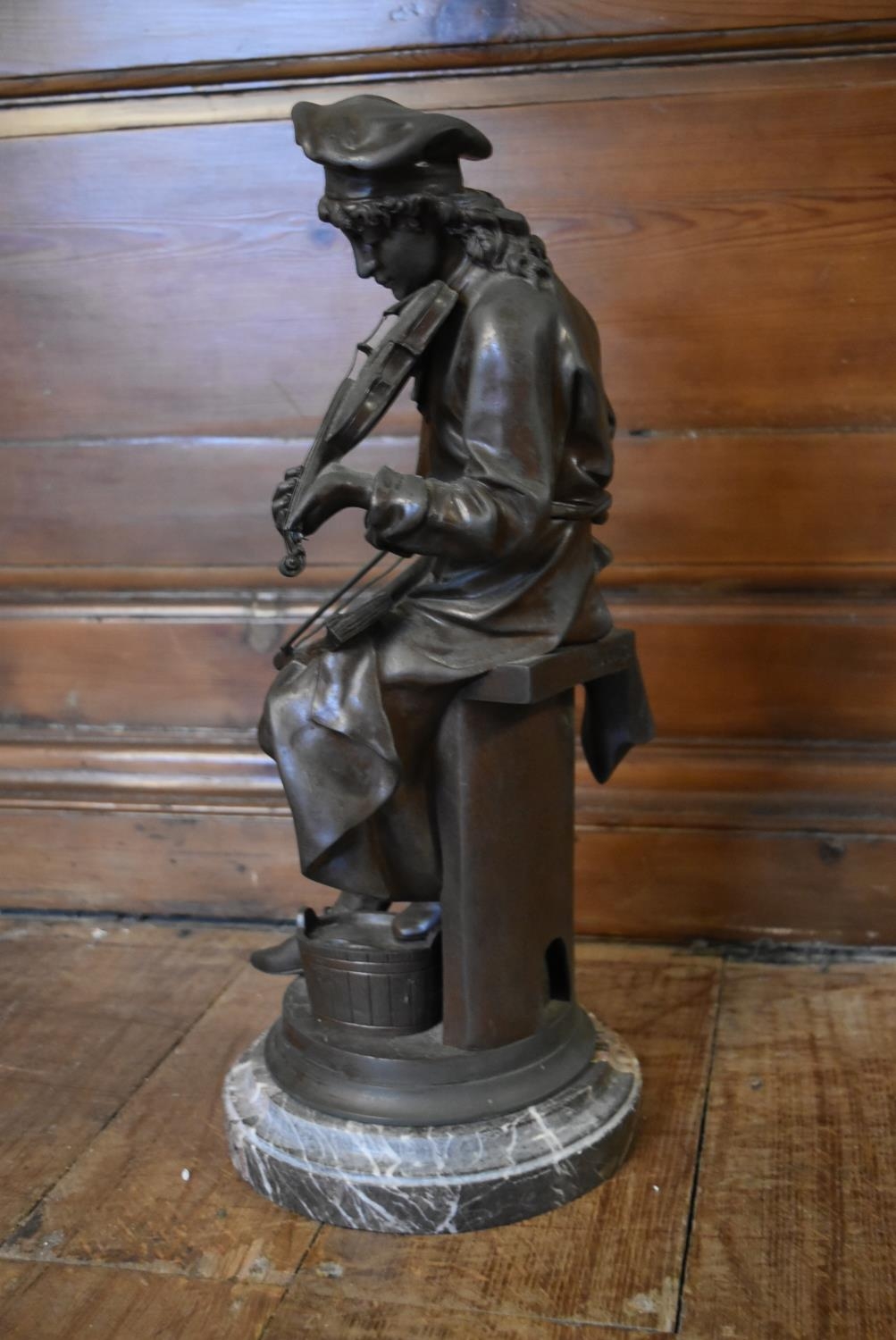 Henry Etienne Dumaige (1830-1888) A patinated bronze figure of a boy playing the violin. Mounted - Image 3 of 7