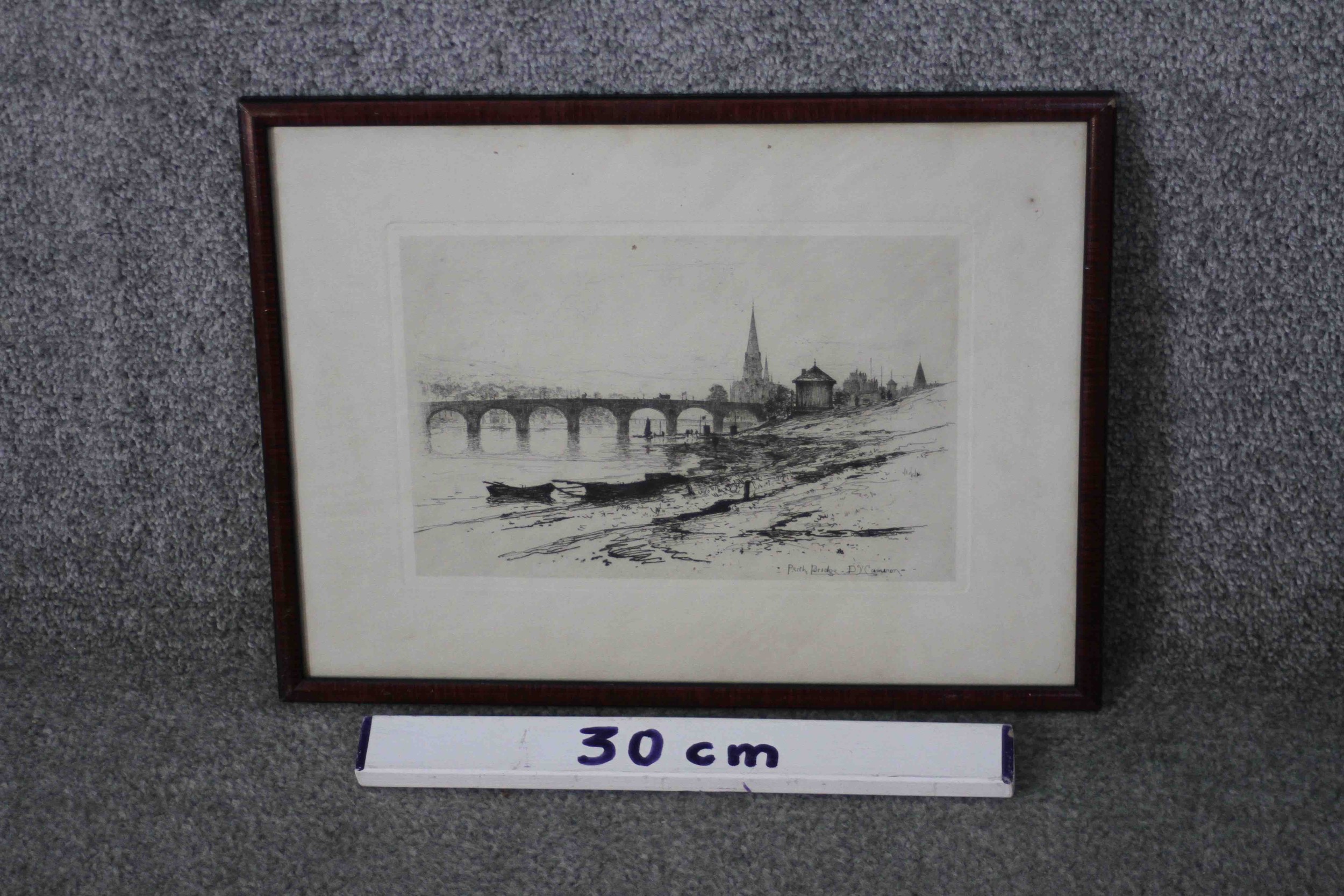 David Young Cameron (1865 - 1945) - A framed and glazed etching of Perth Bridge. Signed in plate. - Image 5 of 5