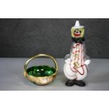 A Murano style glass clown figure (damage to hat) along with a gilded green glass basket. L.29 (