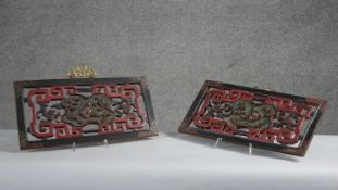 Two Qing dynasty Chinese carved lacquered pierced panels. Decorated with figured and scrolling