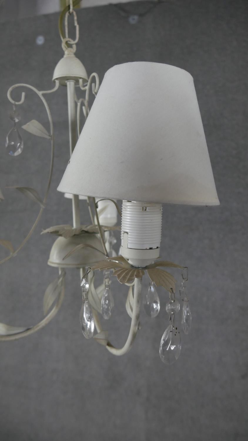 A pair of toleware foliate design three branch chandeliers with crystal drops. H.40 W.42cm - Image 2 of 4