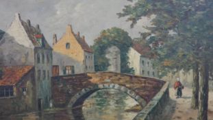 A framed 19th century oil on board 'Bruges'. Signed E. Van Hamme. H.52 W.61cm