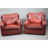 A pair of vintage armchairs in geometric stitched burgundy upholstery. H.85 W.85 D.95 cm