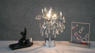 Three vintage lights. Including a sputnik crystal drop chrome desk lamp, an acrylic circle design