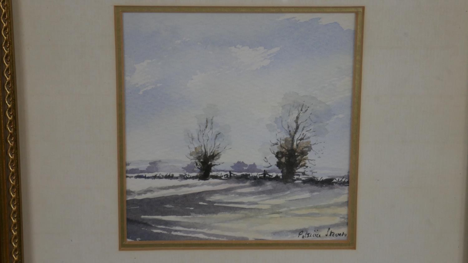 A framed and glazed watercolour on paper of a snowy landscape. Indistinctly signed. H.34 W.34cm - Image 4 of 4