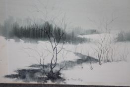 Bernard Charoy (1931-) A watercolour on paper of a winter riverscape. Signed by artist. H.38 W. 57