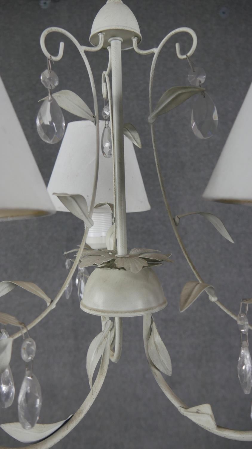 A pair of toleware foliate design three branch chandeliers with crystal drops. H.40 W.42cm - Image 4 of 4